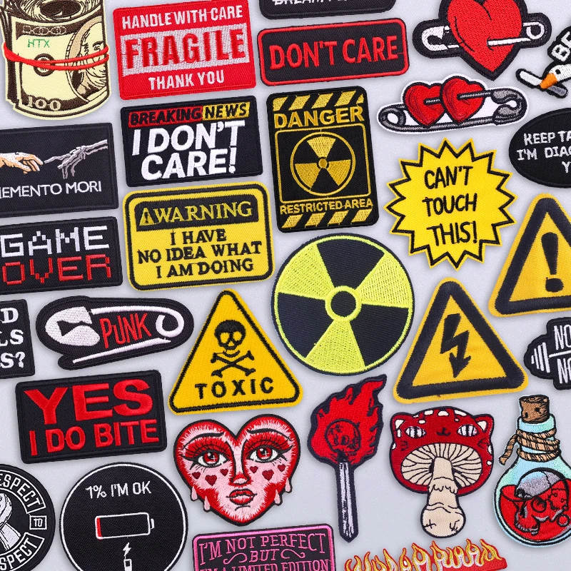 Warning Label Style Iron On Patch with Safety Slogan Yellow Embroidery Patches for Work Vest Construction Gear Utility Decor
