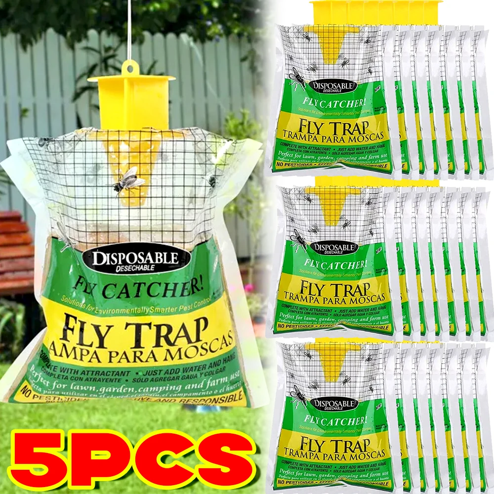 5/1x Fly Catcher Bag Hanging Traps Pack with Protein Powder Bait Transparent Garden Insect Mosquito Fruit Fly Non-Toxic Trap Bag