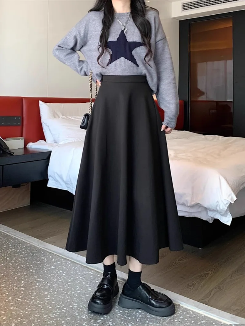 MiiiiX Casual Elastic Waist Solid Woolen Skirt Women Autumn New Versatile Loose Mid-length A-line Pleated Skirt Female Clothes