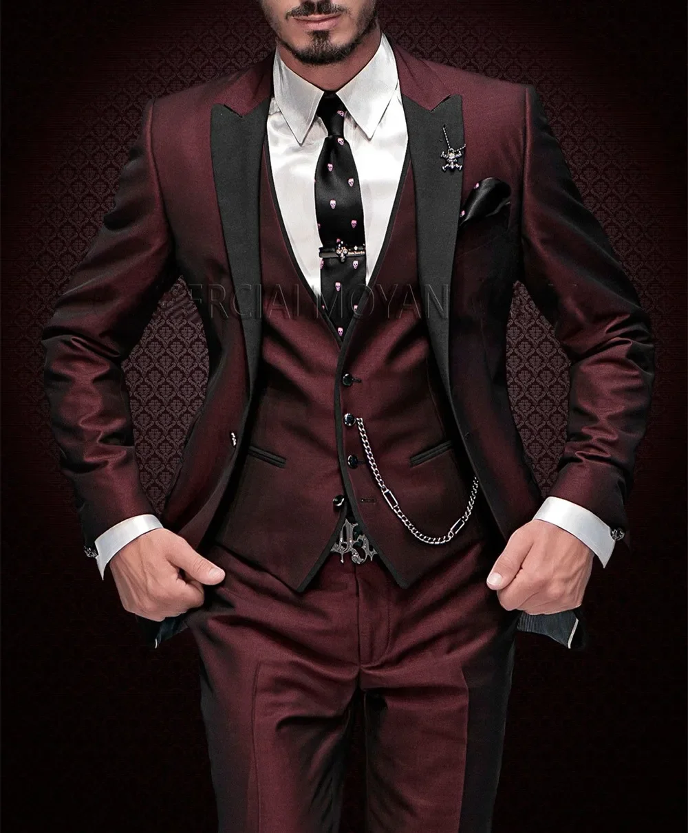 New Arrival Peak Black Lapel Groom Tuxedos Burgundy Men Suits Wedding (Jacket+Pant+Vest)traje de novio par