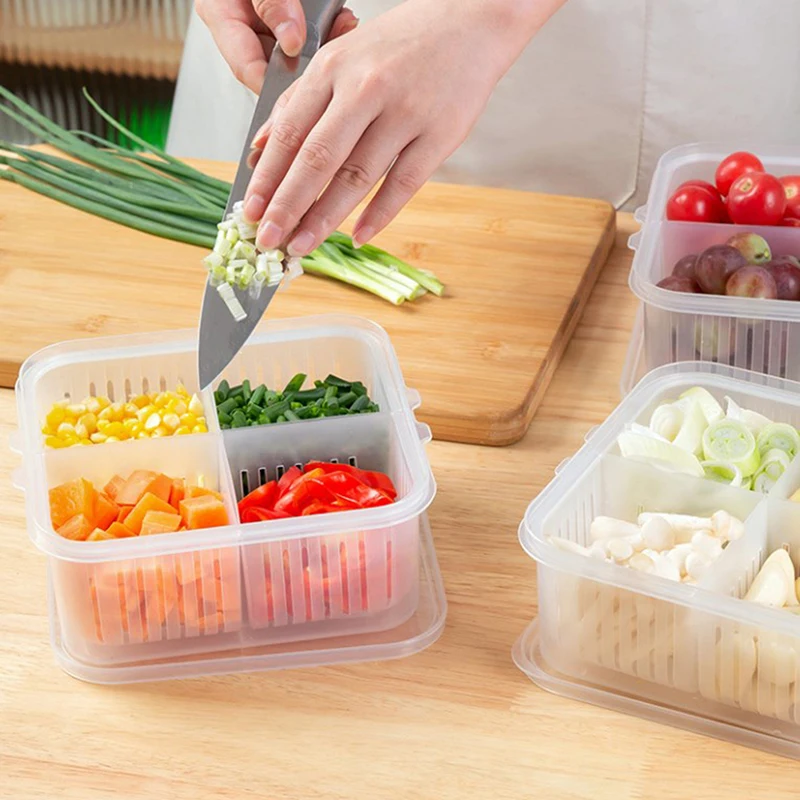 Refrigerator Storage Box 4 Grid Food Vegetable Fruit Fridge Organizer Drain Basket Meat Onion Ginger Clear Crisper