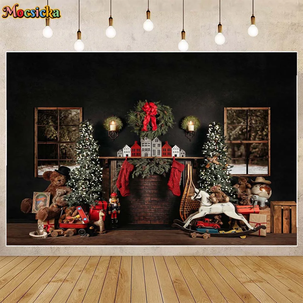 

Mocsicka Baby Kids Photography Background Christmas Wreath Fireplace Black Wall Family Portrait Backdrop Photo Studio Photoshoot