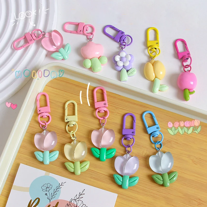 Korean Style Fashion Candy Color Tulip Flower Pendant Keychain Bag Ornaments Earphone Case Decoration Car Key Accessories