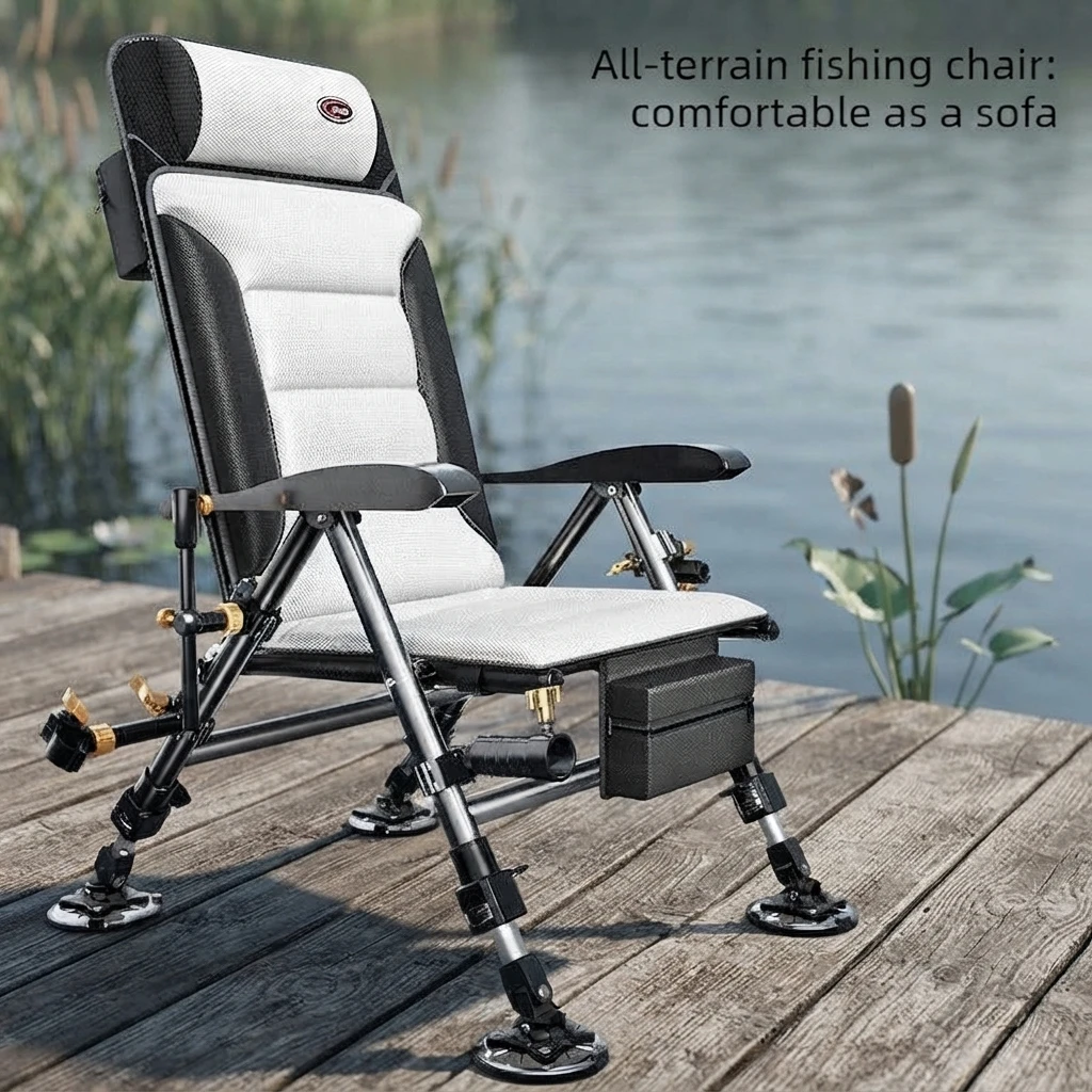 All Terrain Reclining Folding Fishing Chair - Portable Adjustable Height Camping Lounger with Footrest & Carry Bag for Outdoor