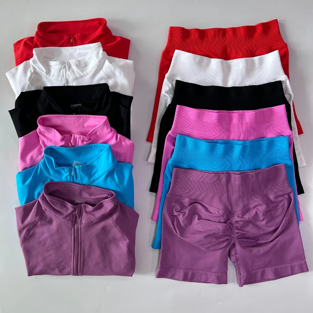 Pericic 2pcs Long Sleeve Yoga Set Women Half Zippy Jacket Longline Sports Top Gym Shorts Fitness Suits Running Coats Workout Set