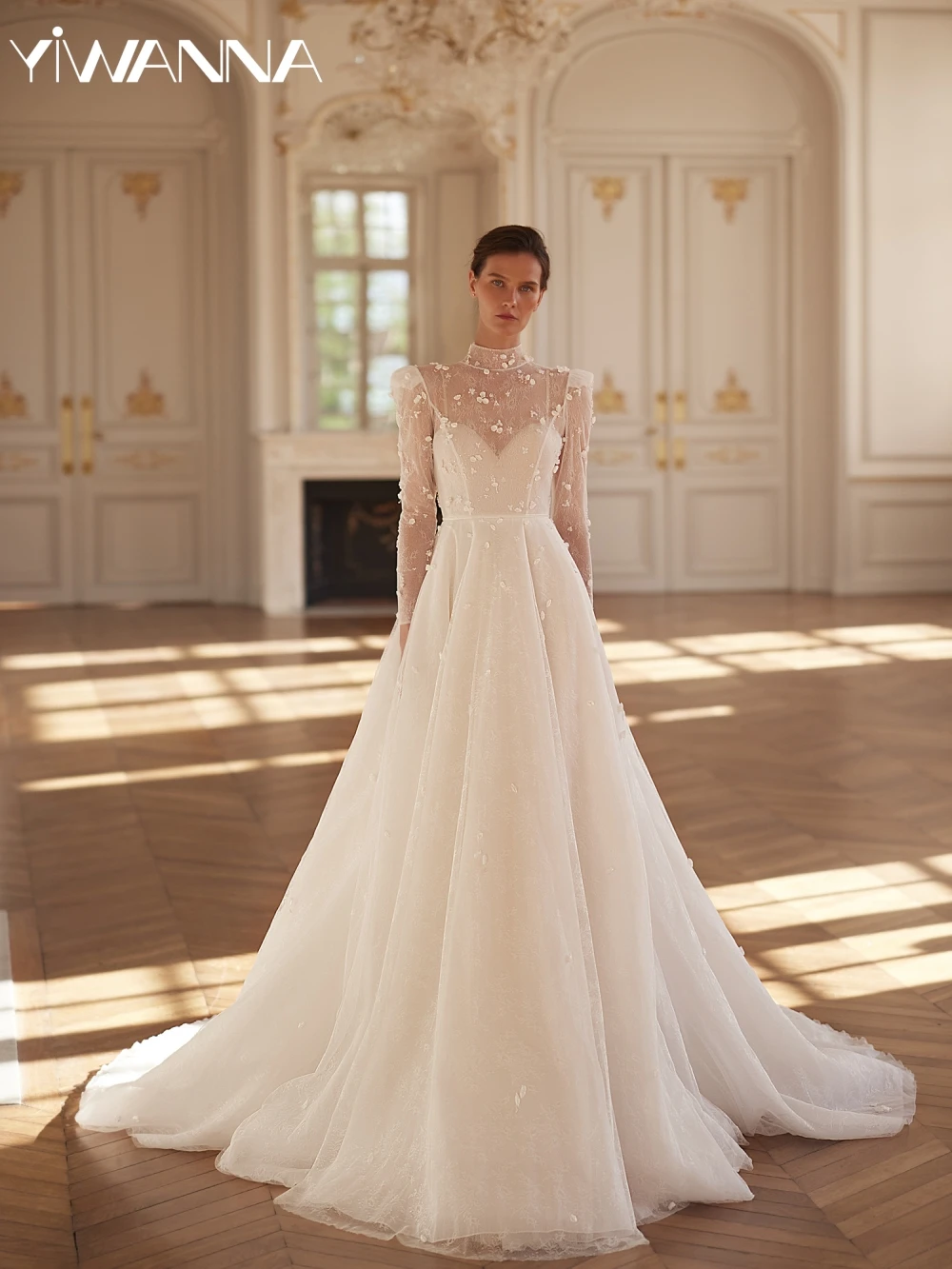 

Dazzling Pearls Lace A-line Long Wedding Dress With 3D Flower Modest High Collar Bridal Gown Customized Dresses For Bride