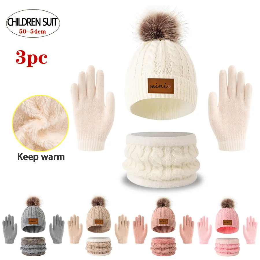 Gorros, bufandas y guantes de punto de 3 piezas para niños, aptos para niños de 3 a 12 años para mantener el calor al aire libre en invierno.
