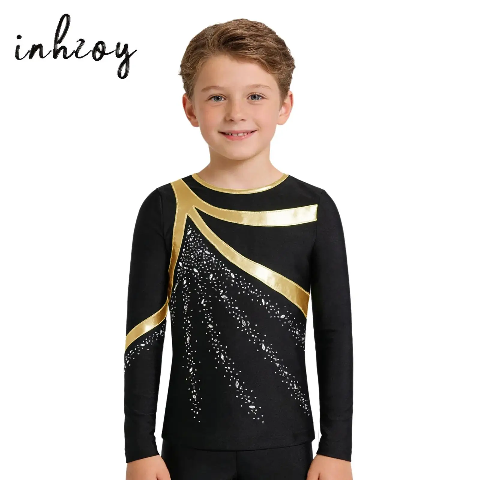 

Kid Boys Ballet Dance Tops Figure Skating Tops for Jazz Gymnastics Competition Performance Costume Long Sleeve Rhinestones Shirt