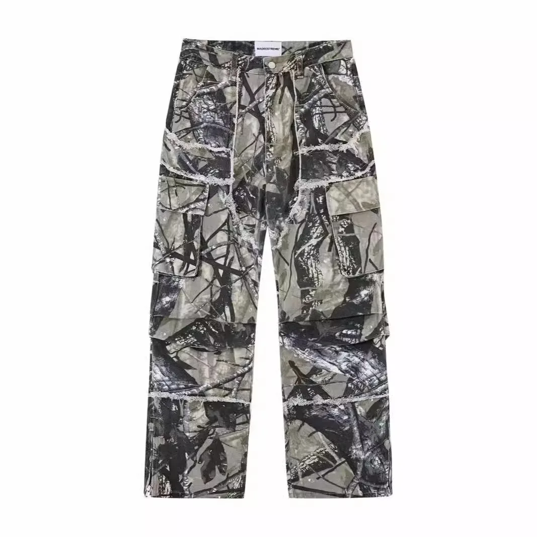 

Y2K high street distressed camouflage work jeans for men and women ins trend hip-hop loose straight wide-leg flared pants