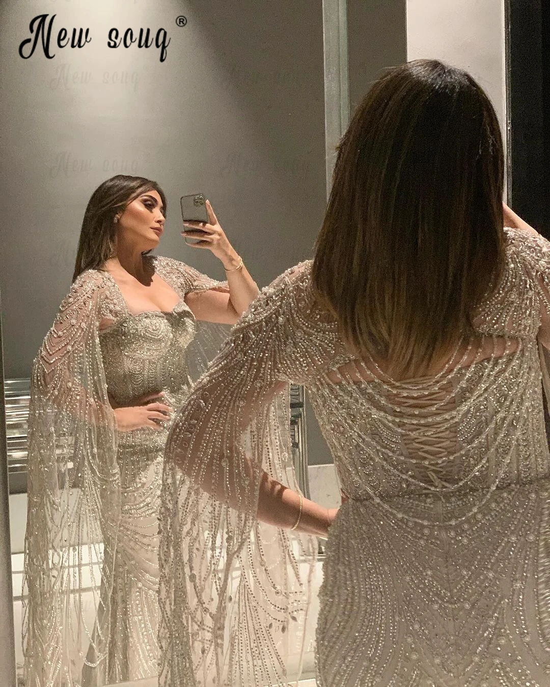 Luxury Dubai Caramel Mermaid Cape Sleeve Beaded Evening Dresses 2024 Wedding Party Gowns Nude Formal Occasion Dress Arabic