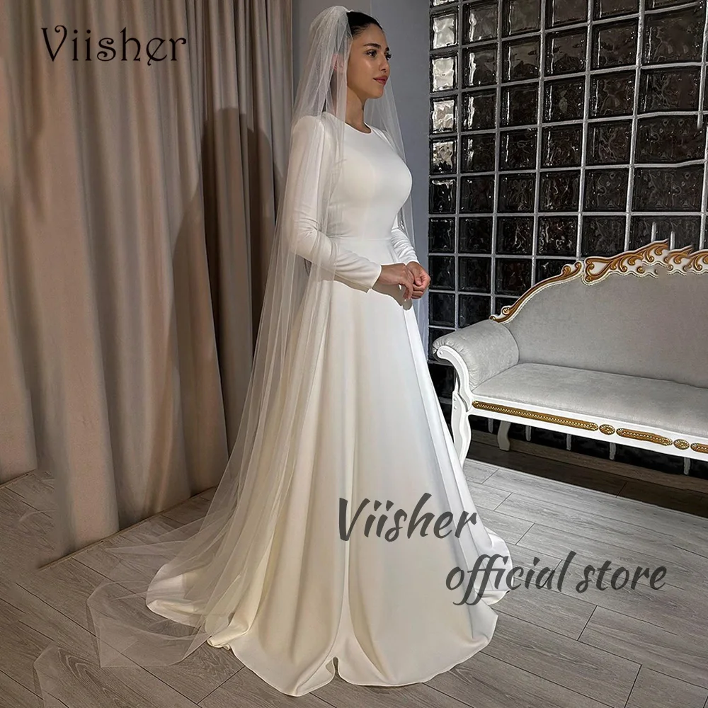 Vestidos de novia blancos de sirena musulmana de Dubái, vestido de novia Maxi plisado de satén, cuentas de perlas, manga larga, cuello alto, Arabia