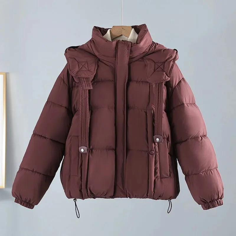 

Новинка 2025 года, зимняя корейская короткая толстая теплая куртка с капюшоном, женские парки, повседневная свободная элегантная пуховая хлопковая верхняя одежда, женское пальто