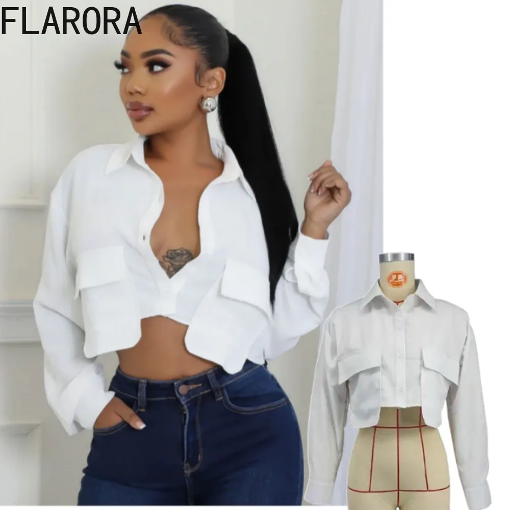 FLARORA White Solid Color Pocket Loose Shirts Women Turndown Collar Button Long Sleeve Irregular Crop Tops Clothing 2024 New