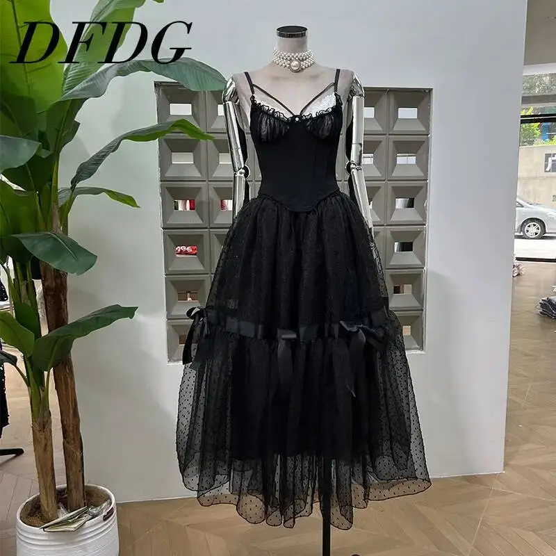 

DFDG 2025 Summer Boned Corset Top & Flocked Polka Dot Puff Tulle Midi Skirt Set Stretchy Waist-Cinching Two Piece Party Dress