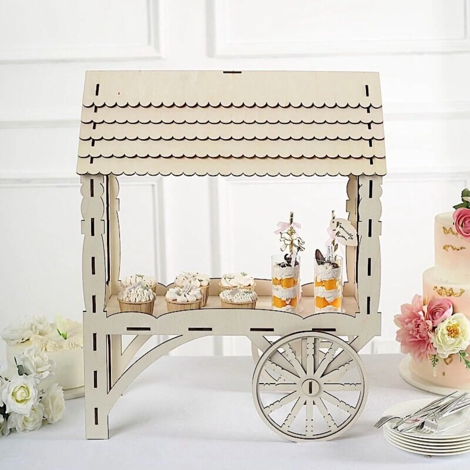 US 5 in Natural Laser Cut Mini Candy Cart Wooden CUPCAKE Dessert STAND Party Events