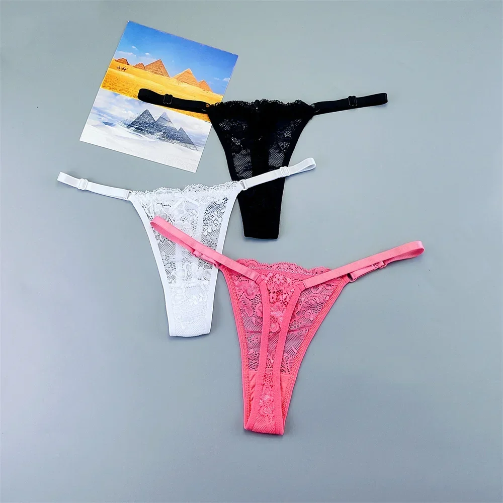 

3PCS Adjustable Sexy Transparent Thong Panties Women Lace Underwear Low Waist Female T-back String Underpants