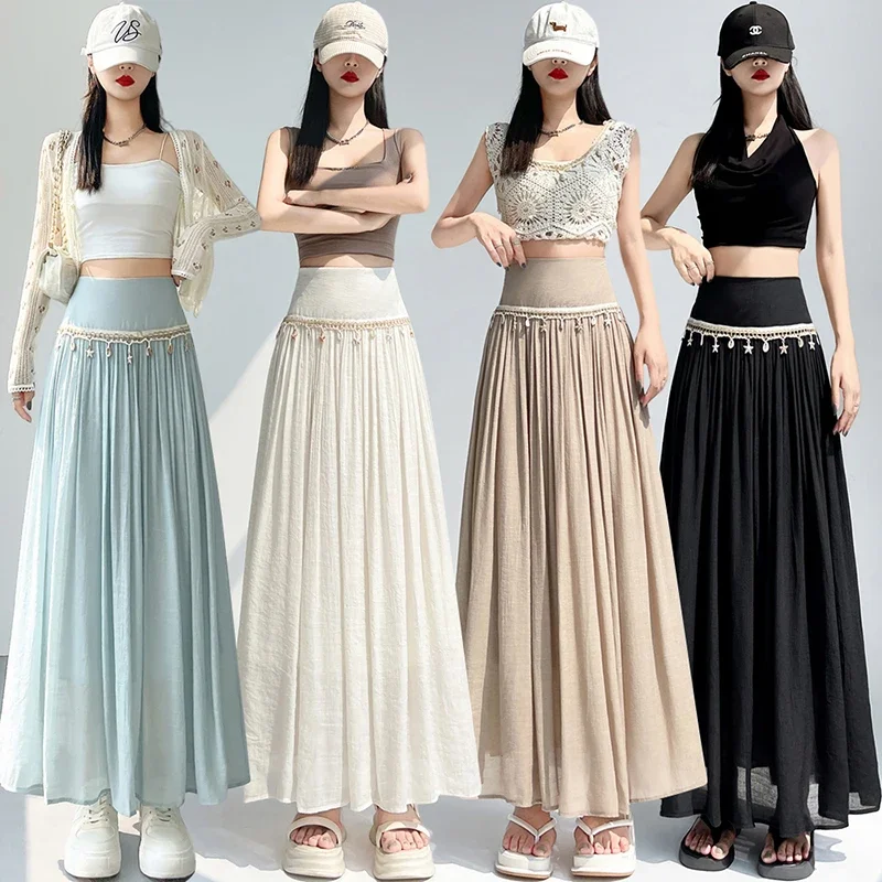 women in summer, with a high waist and a drooping feeling, a big swing A-line skirt, medium to long vacation skirt