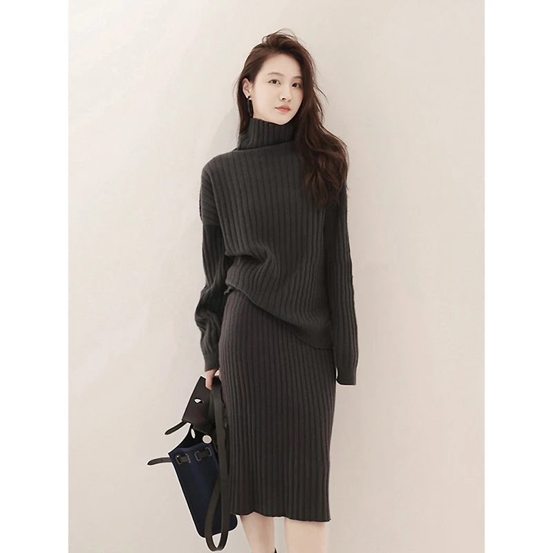 

New French Soft Wool Women's Two Pieces Set High End Knitted Turtleneck Long Sleeve Winter Warm Sweater + Skirt Elegant Suits