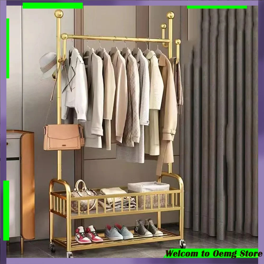 Stylish Balcony Bedroom Clothes Rack Space Saving Golden Robust Metal Frame With Wheels Perfect For Kids Room Home Accessories