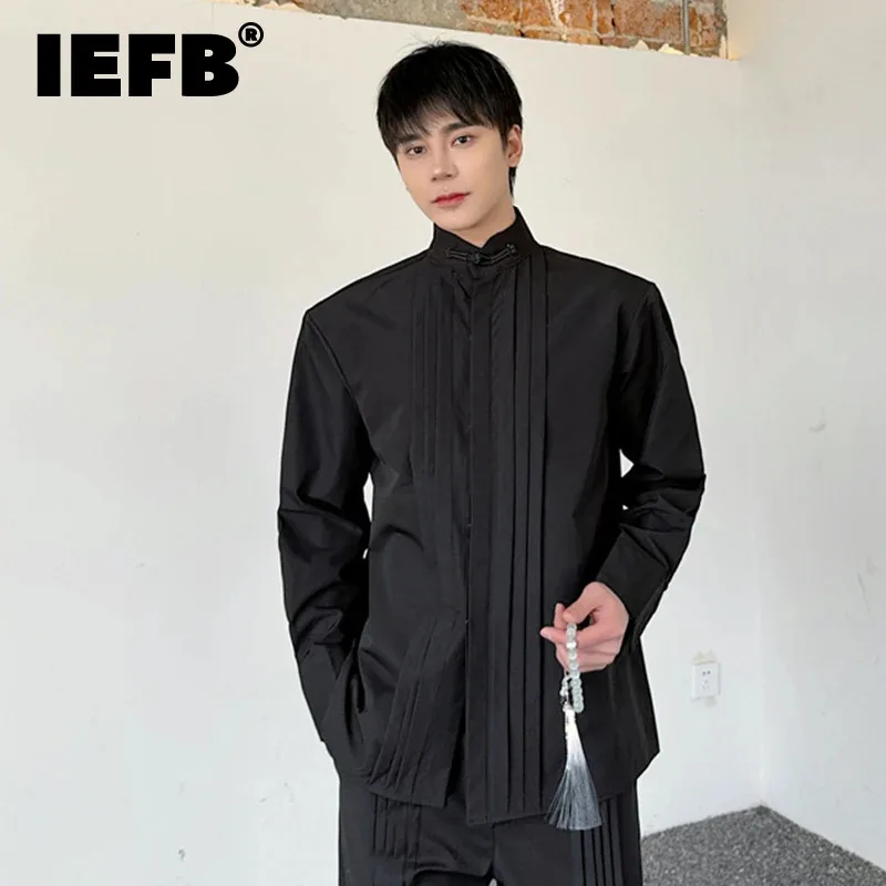 IEFB Versatile Stand Collar Male Shirt New Chinese Style Minimalist Men Clothing Temperament Loose Men\'s Top Solid Color 9C6973