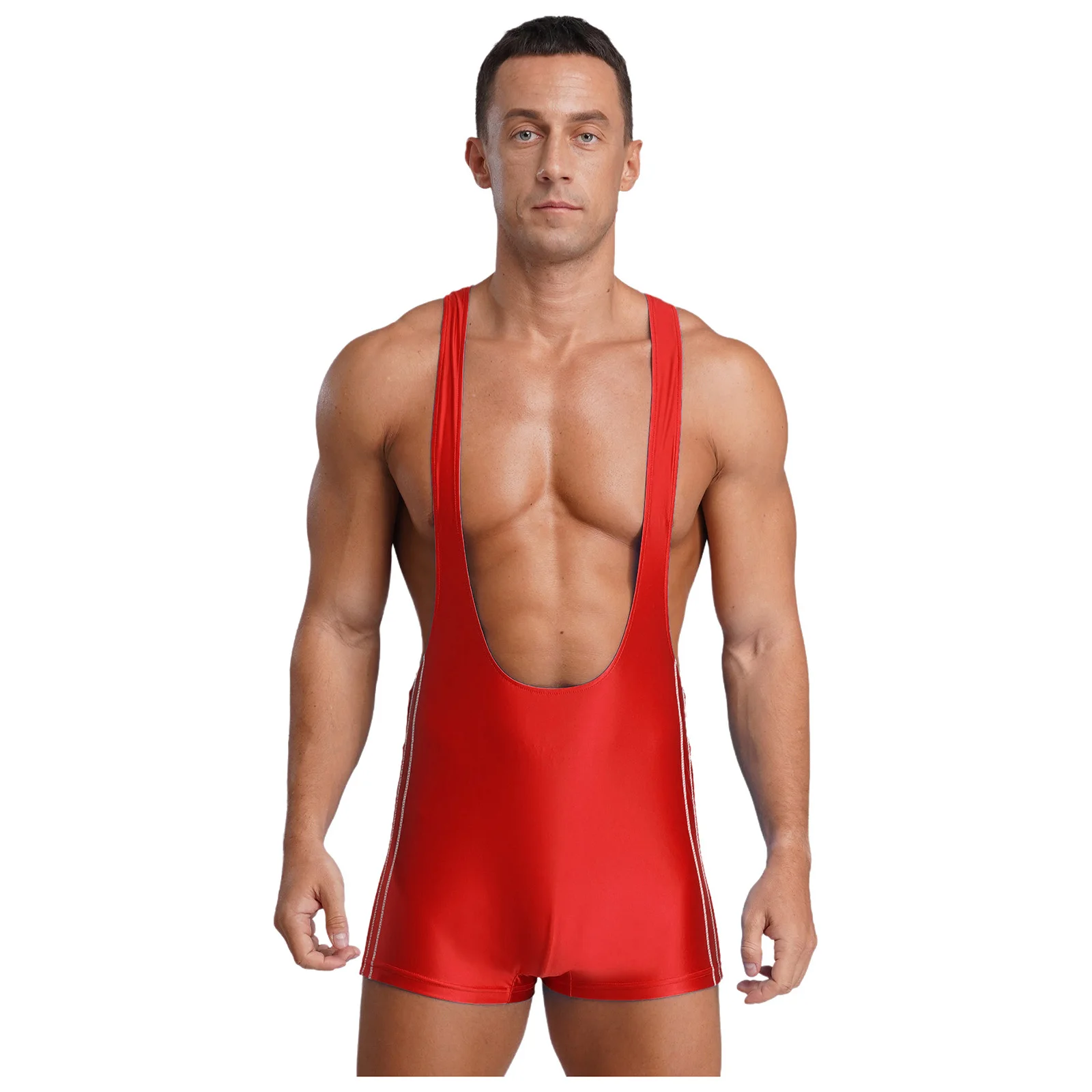 Mens Lingerie One Piece Singlets Wrestling Mankini Costume Glossy Bodysuit Racer-back Hollow Out Open Butt Boxer Shorts Jumpsuit