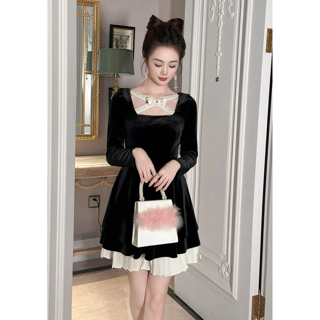 Spring new style women's sweet temperament hollow bow waist slim pleated velvet dress