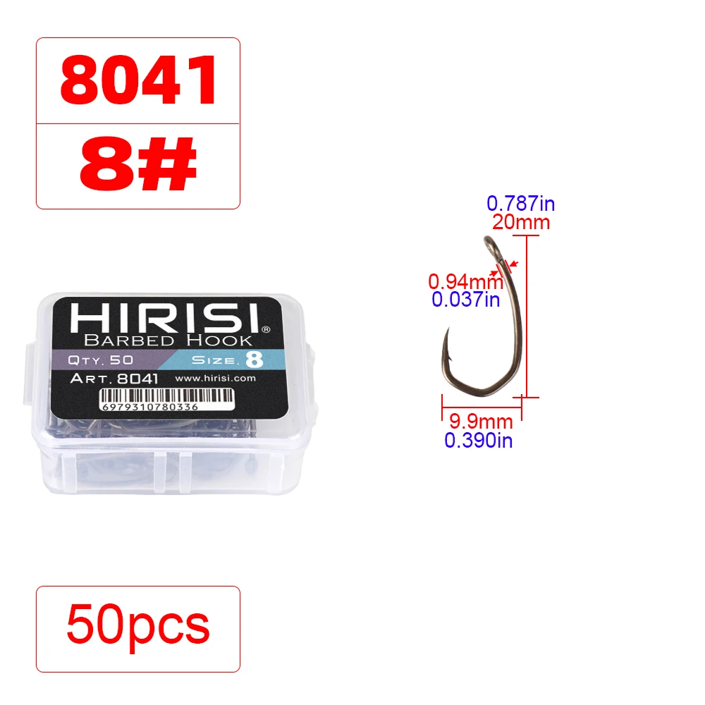 Hirisi 8041 50 Stück PTFE-beschichtete Angelhaken aus Hochkarbon-Edelstahl Rostfrei Scharfe Spitze mit Widerhaken und Öse für Angelzubehör