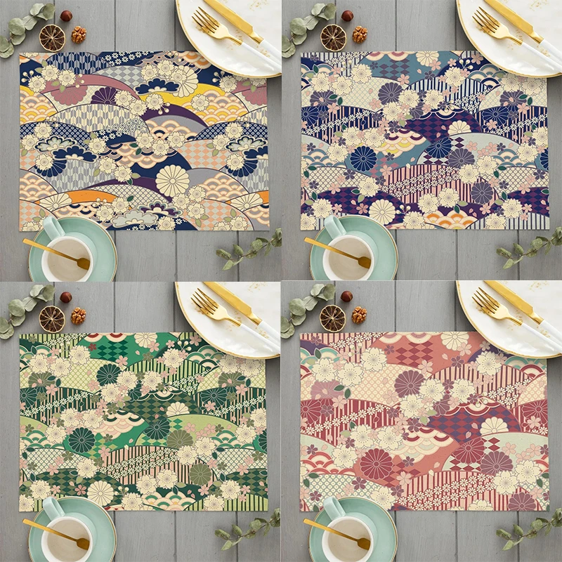Japanese Traditional Pattern Kitchen Placemat, Linen Material Vintage Texture, Coaster, Bowl Mat, Coffee Cup Mat, Tablecloth