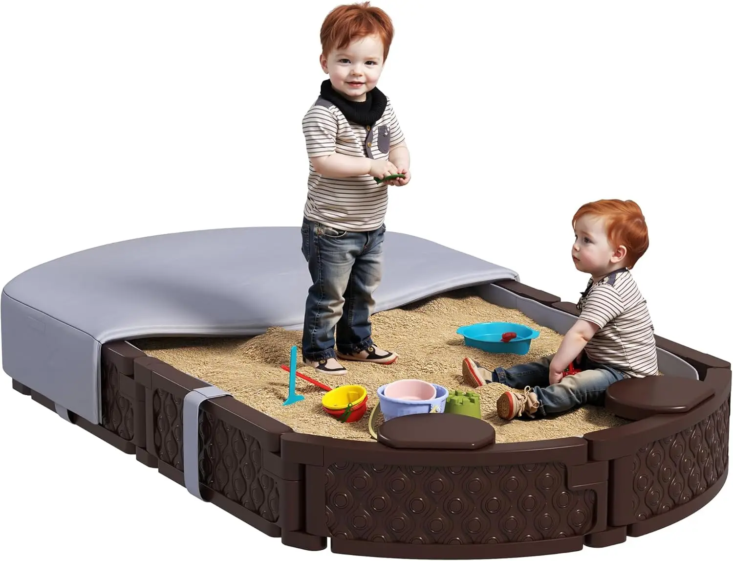 

Kids Sandbox with Cover, Oval 71" Large Sand Pit with 4 Seats, Waterproof Bottom Liner, Weather Resistant Outdoor Sand Box