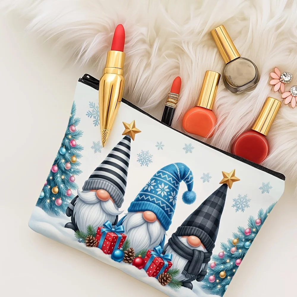 Christmas Gnome Makeup Bag Winter Gnome Snowflake Print Cosmetic Pouch Travel Storage Xmas Holiday Gift