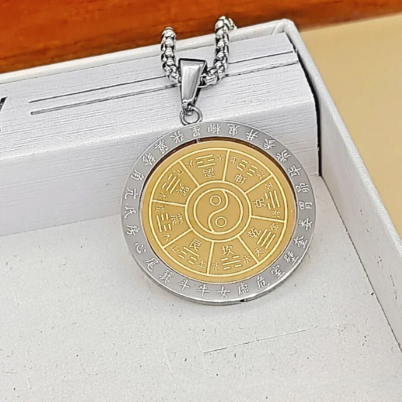 Vintage Stainless Steel Rotating Pendants Taoist Tai Chi Nine Palaces Eight Trigrams Yin Yang Fish Necklace Scripture Talisman