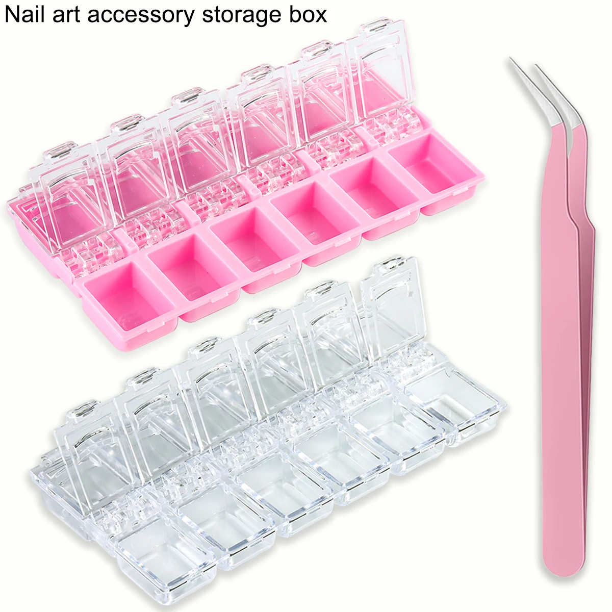 Nail art tool and nail art accessory storage box, transparent 12-compartment accessory/diamond display box, pink nail supplies.