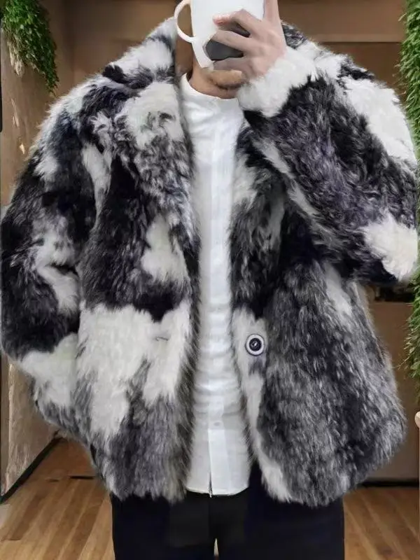 2025 New Winter Thicken Tops Men's Artificial Fox Plush Fur Light Luxury Street Fashion Coat Male Suit collar Fur Overcoat