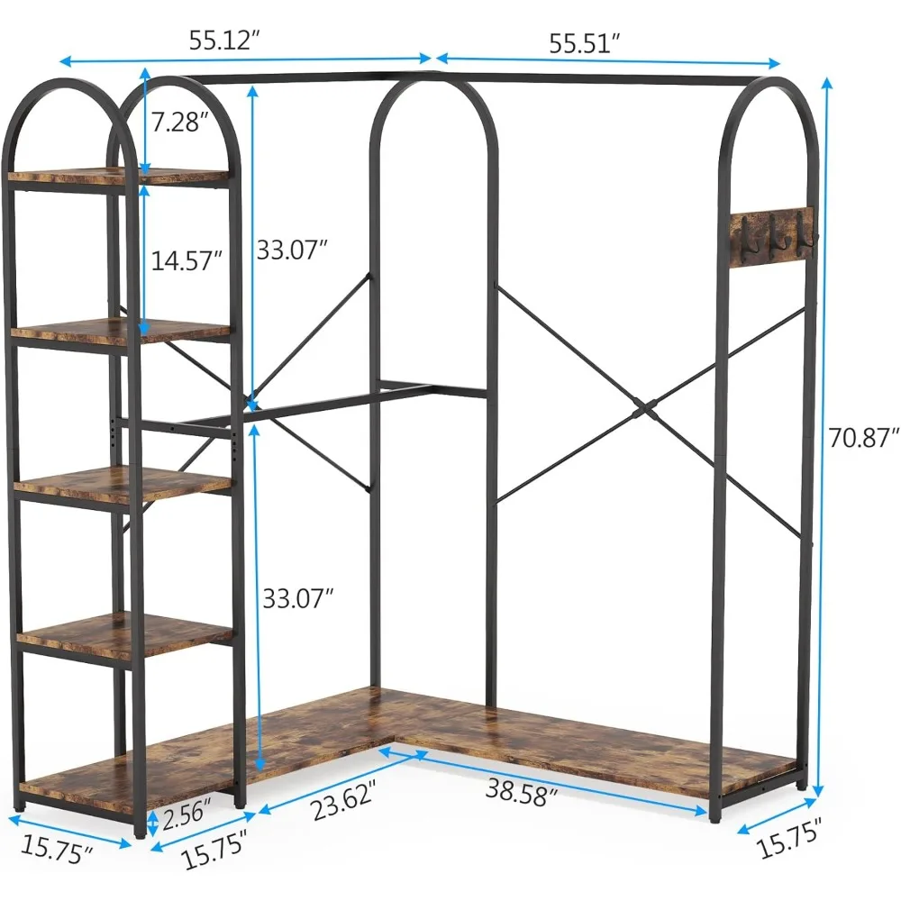 L Shape Clothes Rack, Corner Garment Rack with Storage Shelves and Hanging Rods, Space-Saving Large Open Wardrobe