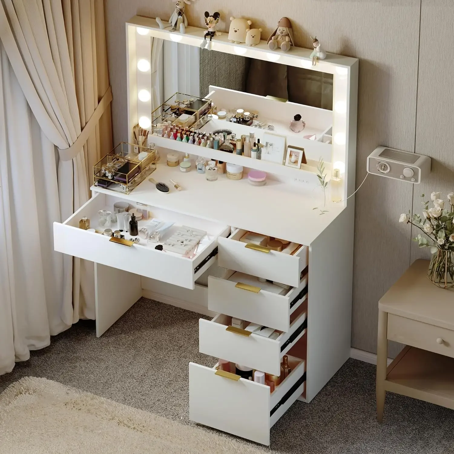 Makeup Vanity Desk with Large Mirror,13 LED Lights and Power Outlet & 5 Drawers, 3 Lighting Color Adjustable, White