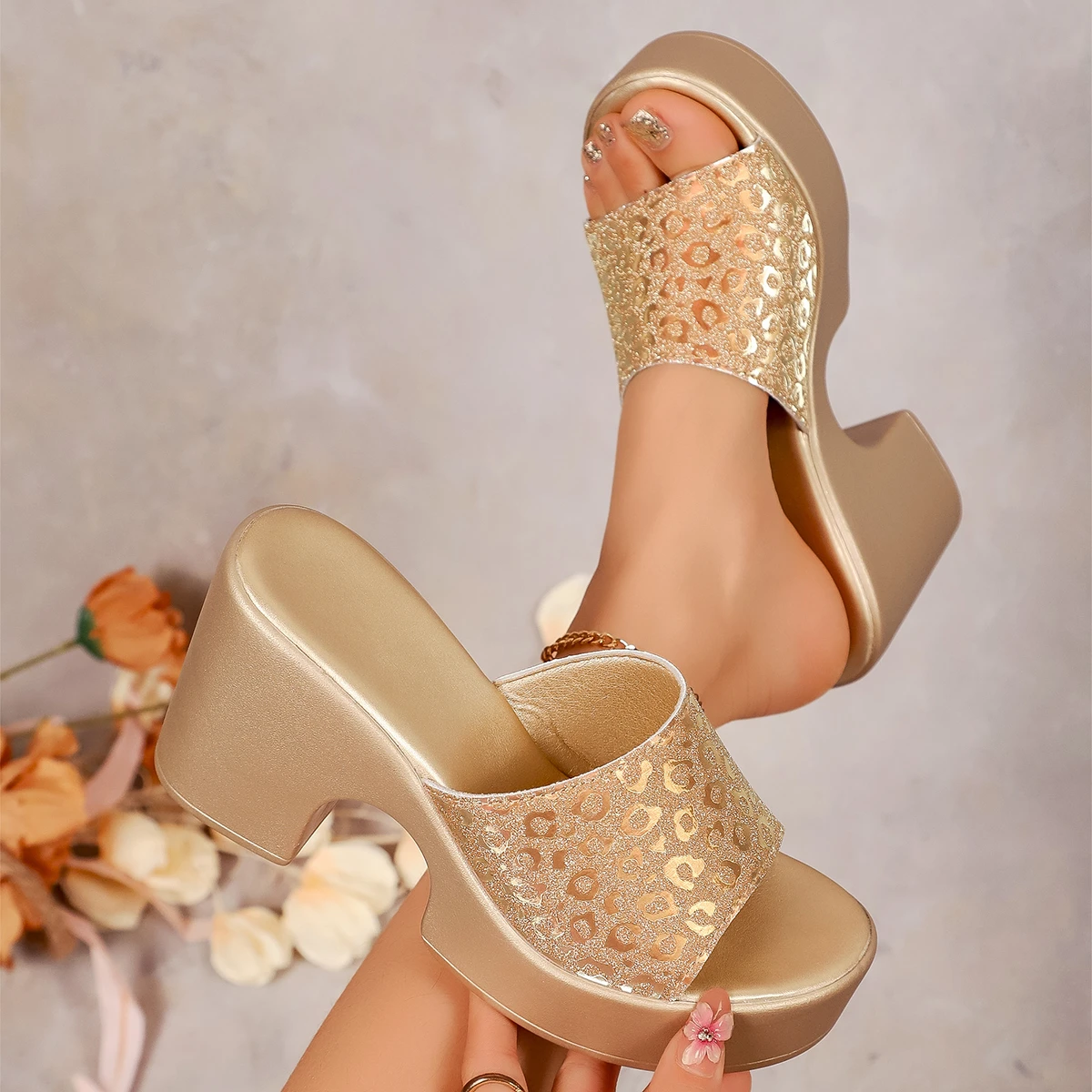 

Women Sandals Summer Chunky Heeled Outdoor Shiny High Heel Sandals Platform Plus Size Comfortable Shoes Women Zapatos De Mujer