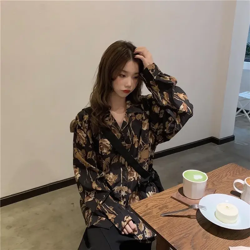 QWEEK Vintage Women\'s Blouses Oversized Harajuku Black Shirt Streetwear Preppy Style Kpop Fashion Chiffon Long Sleeve Top Casual