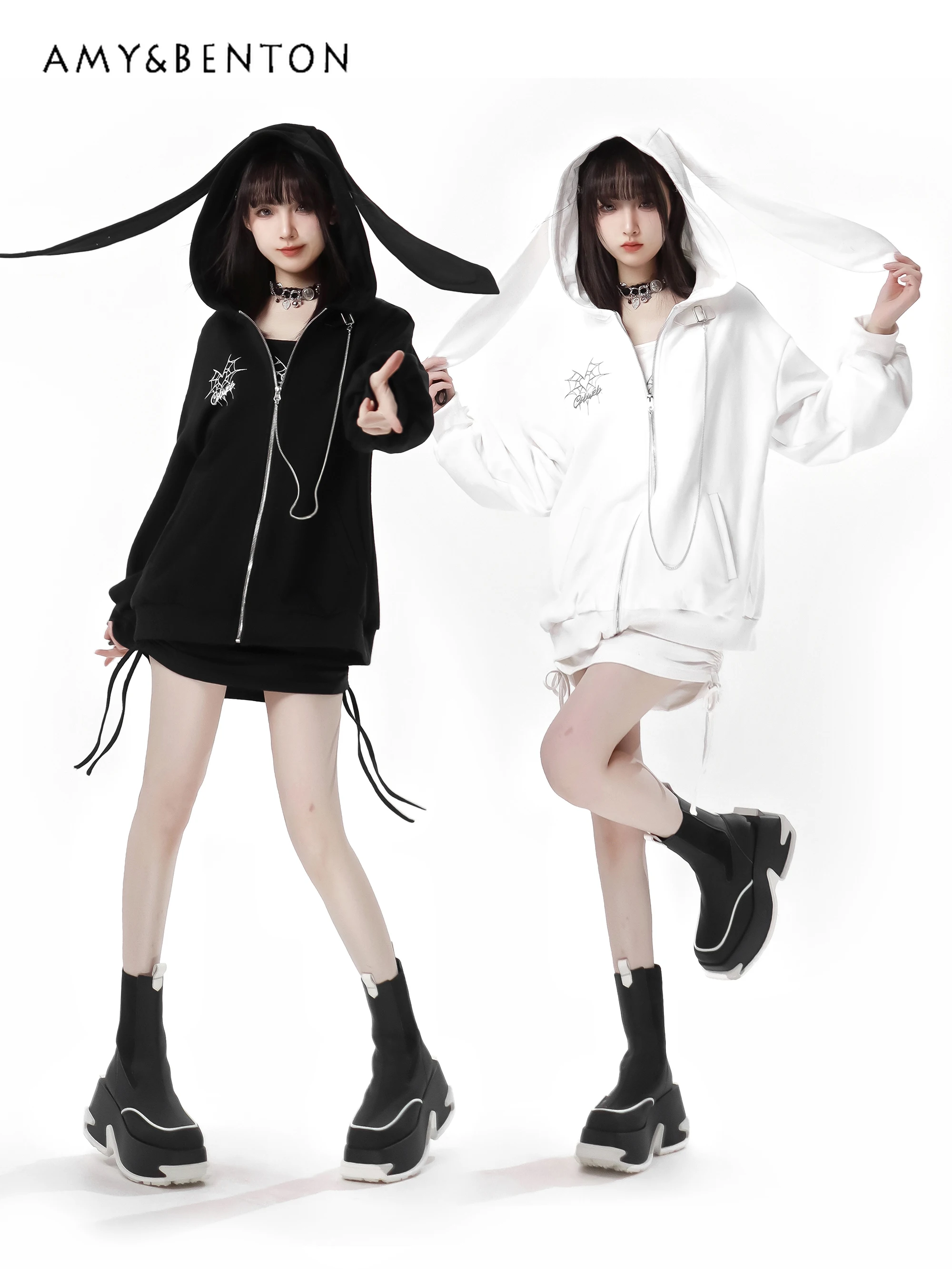 

Preppy Style Sweet Cat Ears Zipper Hoodies Slim Sexy Drawstring Suspender Dress Two-Piece Sets Spring Summer Hot Girls Outfits