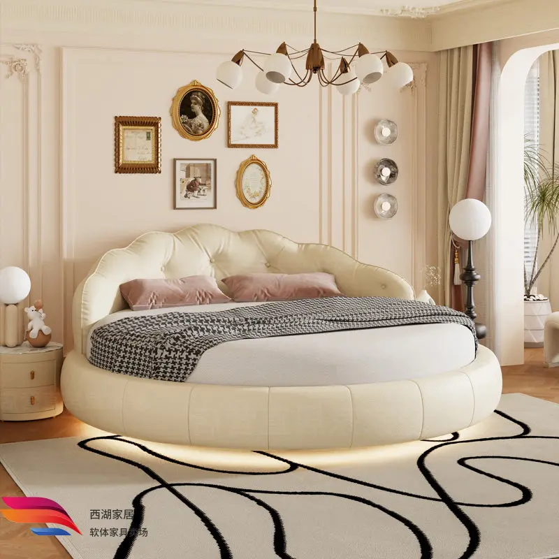 

White Soft Backrest Bed 2 People Luxury Cream Style Round Princess Bed 2 People King Size Japanese Child Girl Bedroom Furnitures