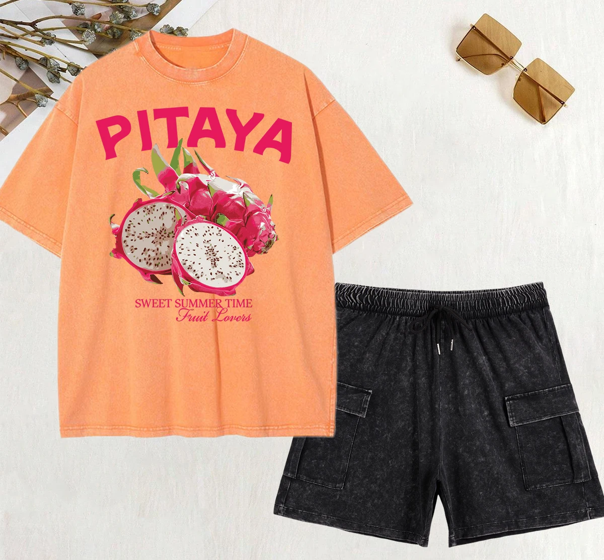 

Fresh Fruit Pitaya Printing Women Washed T Shirt Set Loose Crewneck T Shirts Summer Fashion Sport Pants Cotton All-Match Sets