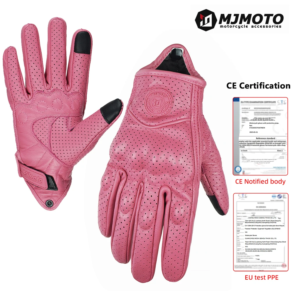 

CE Certification Lady Pink Retro Goat Leather Motorcycle Gloves Women Motocross Glove Hard Shell Protective Motorbike Glove XS-M