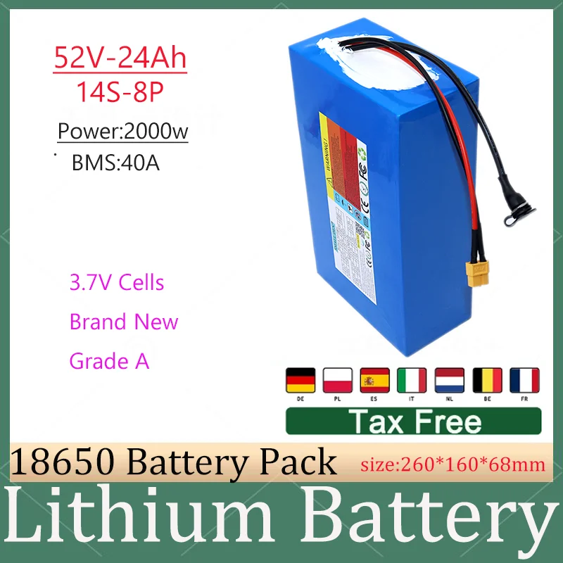 52v 24Ah 18650 lithium triangle battery BMS 14S li ion for 2000W Mountain Bike scooter Motorcycle + 5A charger