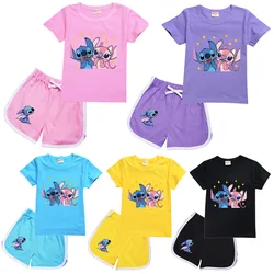 Stitch Kids T-shirt Shorts Set Anime Angel Children Sport Clothes Kawaii Summer Girl Boy Tees Pants 2pcs Pajamas Birthday Gift