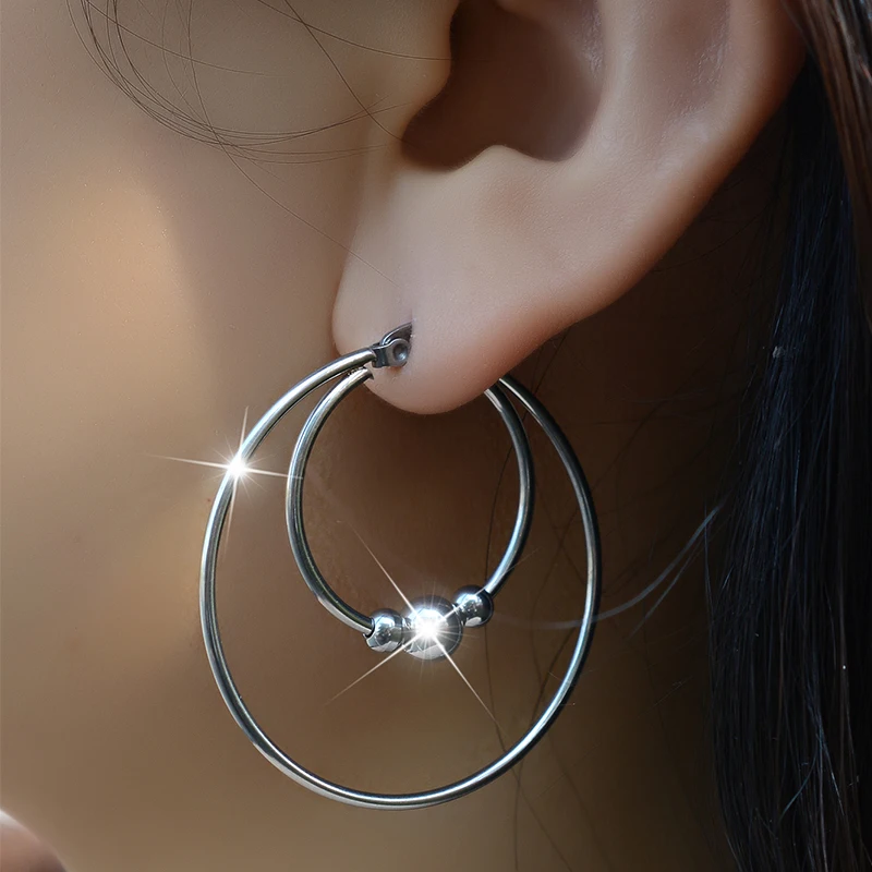 

2Pc Stainless Steel Exaggerated Round Bead Hoop Earring Women Men Smooth Design Vintage Double Rings Earring Personality Jewelry
