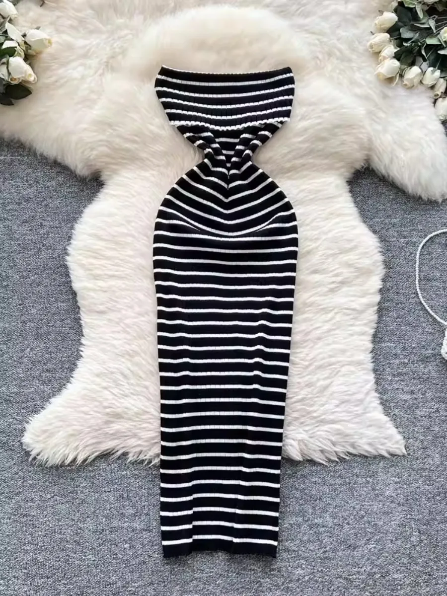 Foamlina lapela bustier listrado vestido feminino verão sexy quente menina emagrecimento fora do ombro sem mangas bodycon vestidos de malha