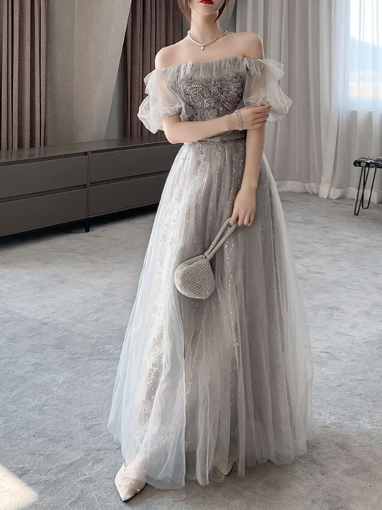 Customized Temperament Lace Spliced Puff Sleeve Bridesmaid Dresses Exquisite Luxury Embroidery Appliques Vestidos Long Sequin P