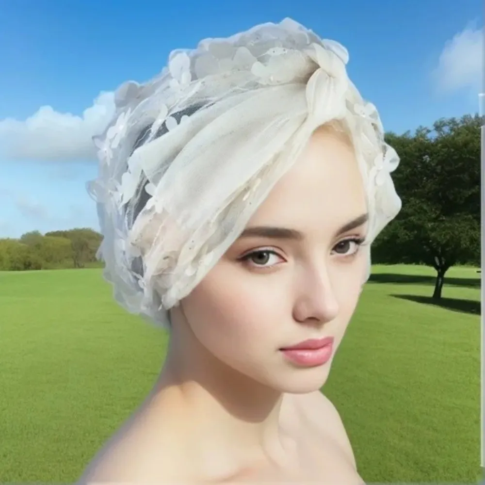 

New Lace Flower Bonnet Hat Full Coverage Breathable Bohemian Headscarf Faux Pearl Cover White Hair Headband Cap Summer Wear