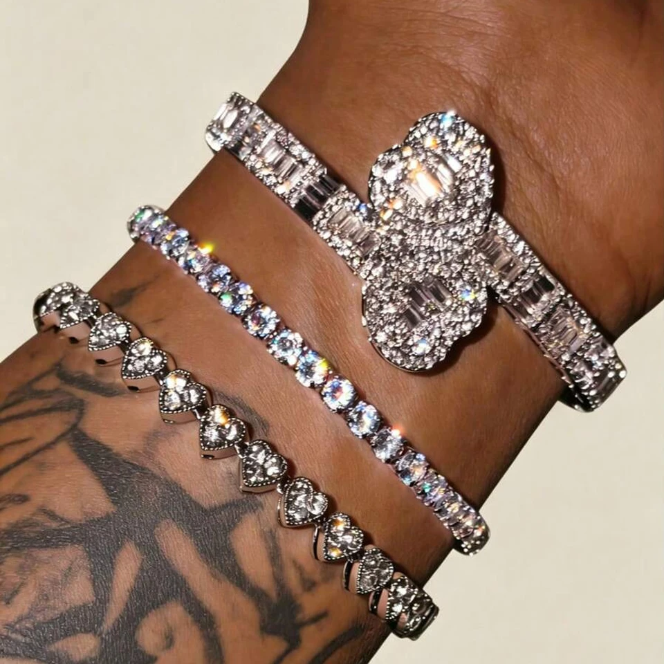 Yupsk 3-teiliges Set Hip-Hop Rock Mode Baguette Strass CZ Herz Tennis-Armband Luxus Rapper Hiphop Schmuck Geschenk – Detail 2