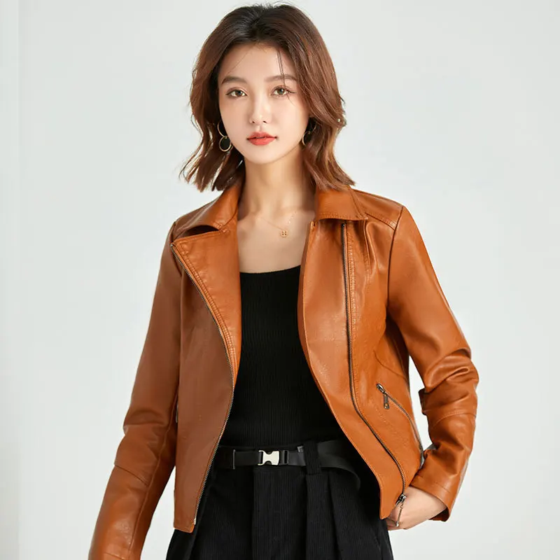 Spring Thin Motorcycle Leather Jacket Women's Casual Solid Coat Trendy Lapel Slim Fit Short PU Outwear Female Streetwear Top