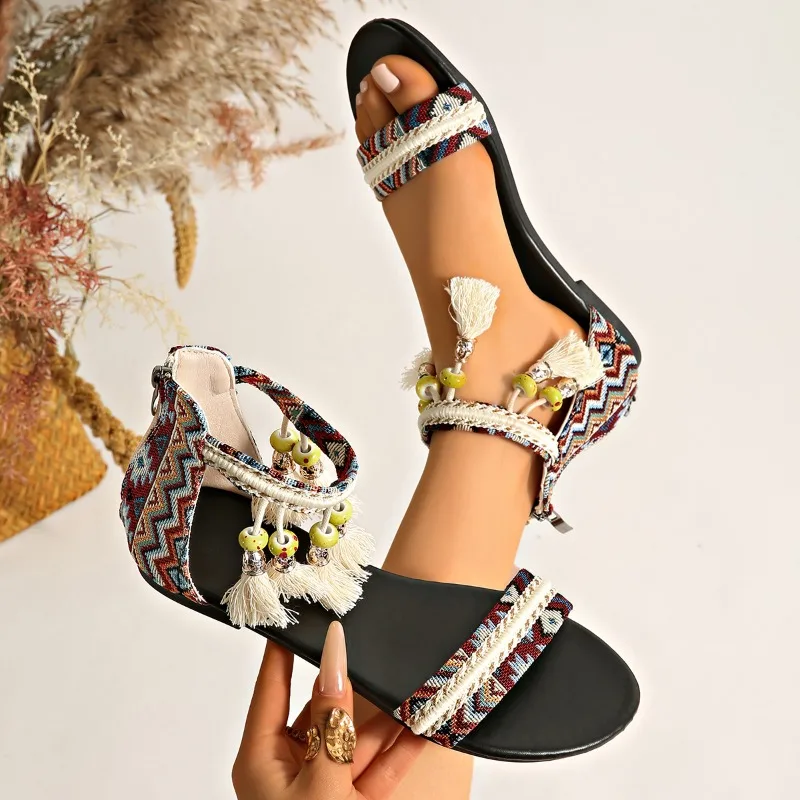 Women Ethnic Geometric Print Tassel Beaded Ankle Strap Sandals Fringe Trim Open Toe Back Zipper Flat Beach Walking Shoes